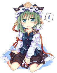 Rule 34 | 1girl, asymmetrical hair, blouse, blue eyes, breasts, green hair, hair between eyes, hair bobbles, hair ornament, hat, long sleeves, looking at viewer, mary janes, miniskirt, ribbon, ribbon-trimmed skirt, ribbon trim, rod of remorse, scythe, shiki eiki, shirt, shoes, simple background, sitting, skirt, small breasts, socks, solo, spoken sweatdrop, sweatdrop, thighhighs, to-den (v-rinmiku), touhou, two side up, vest, wariza, wavy mouth, white background, white socks, wide sleeves, zettai ryouiki
