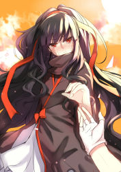 Rule 34 | 1girl, aki663, azami (kagerou project), black hair, blush, fingerless gloves, gloves, snake hair, kagerou project, long hair, orange sky, pout, red eyes, ribbon, scales, sky, solo focus, very long hair