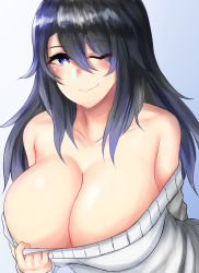 Rule 34 | 1girl, bare shoulders, black hair, blue background, blue eyes, breasts, cleavage, clothes pull, collarbone, gradient background, highres, huge breasts, long hair, one eye closed, original, rakam (artist), ribbed sweater, smile, solo, sweater, sweater pull, upper body, white background