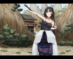 Rule 34 | 1girl, absurdres, animal ears, aoi wakashi chiyo, arknights, bare arms, bare shoulders, black hair, blue sky, brown eyes, building, camisole, collarbone, commentary, cowboy shot, dated commentary, dog ears, facial mark, forehead mark, grin, highres, holding, holding weapon, letterboxed, long hair, looking at viewer, mountain, outdoors, pants, purple pants, saga (arknights), sky, smile, solo, spaghetti strap, standing, v, very long hair, weapon