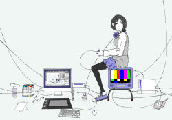 Rule 34 | 1girl, black hair, black pantyhose, blue footwear, blue skirt, breasts, cable, commentary request, controller, crt, digital media player, disc, drawing tablet, flat color, from side, full body, game console, grey background, grey vest, headphones, holding, holding controller, ipod, keyboard (computer), long sleeves, looking past viewer, looking to the side, marker, medium breasts, monitor, original, pantyhose, rec, recording, recursion, shirt, shoes, short hair, simple background, sitting, skirt, sneakers, solo, sweater vest, television, test card, vest, white shirt, wii, yokotakumi