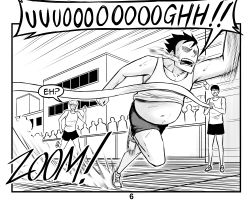 Rule 34 | 3boys, black hair, black shorts, building, collarbone, crowd, english text, fat, fat man, greyscale, highres, monochrome, multiple boys, original, peach88, racing, running, shoes, shorts, sneakers, sound effects, sweat, tank top, white tank top, window