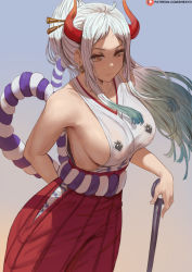 Rule 34 | 1girl, arm behind back, breasts, brown eyes, club (weapon), gradient background, green hair, highres, horns, large breasts, long hair, looking at viewer, one piece, shexyo, sideboob, solo, weapon, white hair, yamato (one piece)