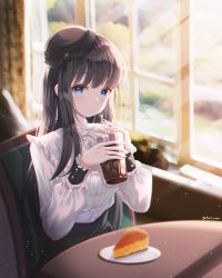 Rule 34 | 1girl, absurdres, black hair, black hat, blue eyes, blurry, cake, cake slice, chromatic aberration, collar, cup, depth of field, drinking straw, food, frilled collar, frilled sleeves, frills, hat, highres, holding, holding cup, indoors, long hair, long sleeves, original, ryon y0421, sitting, solo, sunlight, table, window