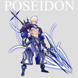 Rule 34 | 1boy, armor, bare pectorals, character name, chest tattoo, full body, gauntlets, glowing tattoo, greek mythology, grey background, highres, looking at viewer, male focus, mecha danshi, muscular, original, palow, pants, pectorals, polearm, poseidon (mythology), shoulder armor, solo, tattoo, trident, weapon, white hair, yellow eyes