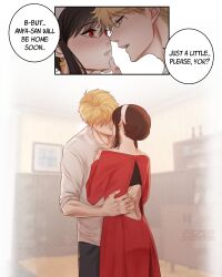 Rule 34 | 1boy, absurdres, azezazel, black hair, blonde hair, blue eyes, blush, closed eyes, comic, couple, earrings, gold earrings, hairband, hetero, highres, hug, husband and wife, jewelry, kiss, long hair, looking at another, off-shoulder sweater, off shoulder, red sweater, short hair, short hair with long locks, spy x family, sweater, twilight (spy x family), two-sided fabric, white hairband, yor briar