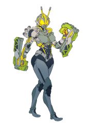 Rule 34 | 1girl, absurdres, armor, asymmetrical armor, breasts, catball1994, dual wielding, glowing, glowing eyes, green armor, head tilt, helmet, highres, holding, holding weapon, industrial pipe, kamen rider, kamen rider 01 (series), kamen rider abaddon, kamen rider saber (series), looking at viewer, mechanical parts, medium breasts, solo, thighs, tokusatsu, tonfa, walking, weapon, white background, wide hips, yellow eyes