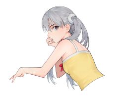 Rule 34 | 1girl, absurdres, bare arms, bare shoulders, bow, bow camisole, breasts, camisole, closed mouth, commentary, cropped torso, curled fingers, expressionless, from side, grey eyes, grey hair, grey nails, hair between eyes, hair tie, hand to own mouth, head rest, highres, long hair, looking at viewer, looking back, looking to the side, monogatari (series), nail polish, oikura sodachi, outstretched arm, owarimonogatari, piancaesar, red bow, romaji commentary, simple background, sleeveless, small breasts, solo, twintails, upper body, white background, yellow camisole