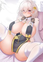 Rule 34 | 1girl, absurdres, amidasketchbook, ass, azur lane, braid, breast curtains, breasts, china dress, chinese clothes, dress, flower, grey dress, hair flower, hair ornament, highres, huge breasts, medium hair, neckwear between breasts, official alternate costume, pelvic curtain, purple eyes, revealing clothes, see-through, see-through sleeves, side braid, signature, sirius (azur lane), sirius (azure horizons) (azur lane), solo, thighhighs, thighs, two-tone leotard, white hair, white thighhighs