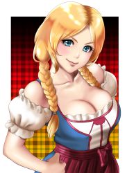 Rule 34 | 1girl, alternate costume, bcg, blonde hair, blue eyes, blush, braid, breasts, capcom, cleavage, dress, european clothes, final fight, final fight 3, forehead, hand on own hip, highres, large breasts, long hair, lucia morgan, shiny skin, smile, street fighter, street fighter v, twin braids