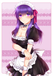 Rule 34 | 1girl, alternate costume, bad id, bad pixiv id, blush, breasts, cleavage, enmaided, fate/stay night, fate/zero, fate (series), hair ribbon, long hair, looking at viewer, maid, maid headdress, matou sakura, purple eyes, purple hair, ribbon, shiny clothes, solo, tears, ty 1865, wrist cuffs