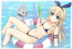 Rule 34 | &gt; &lt;, 10s, 1girl, anchor, anchor hair ornament, bikini, blonde hair, blush, breasts, closed eyes, green eyes, hair ornament, hairband, innertube, kantai collection, long hair, looking at viewer, minase, navel, partially submerged, personification, rensouhou-chan, shimakaze (kancolle), small breasts, solo, swim ring, swimsuit, water, water gun