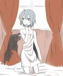 Rule 34 | 1girl, aharan, bad id, bad pixiv id, barefoot, bed, blue hair, female focus, full body, indoors, kneeling, monochrome, nightgown, pointy ears, red eyes, remilia scarlet, short hair, sketch, solo, spot color, string, string of fate, touhou, wings