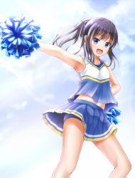 Rule 34 | 1girl, :d, alternate costume, alternate hairstyle, armpits, asashio (kancolle), bare arms, bare shoulders, black hair, blue eyes, blue shorts, blush, cheerleader, cloud, collarbone, comiching, commentary request, day, dot nose, from below, hair ribbon, highres, kantai collection, light rays, looking at viewer, looking down, midriff, miniskirt, navel, open mouth, outdoors, outstretched arm, pleated skirt, pom pom (cheerleading), ponytail, ribbon, shorts, shorts under skirt, sidelocks, skirt, sleeveless, smile, solo, sunbeam, sunlight, upskirt, white ribbon