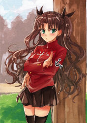 Rule 34 | 1girl, bad id, bad pixiv id, black skirt, black thighhighs, blush, breasts, brown hair, fate/stay night, fate (series), green eyes, hair ribbon, isshi pyuma, long hair, looking at viewer, medium breasts, ribbon, skirt, solo, sweater, thighhighs, tohsaka rin, traditional media, tree, twintails, two side up, zettai ryouiki