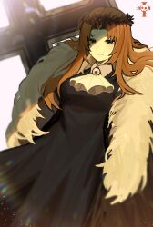 Rule 34 | 1girl, absurdres, alternate costume, ascot, bad id, bad pixiv id, black dress, blue eyes, brooch, brown hair, cape, closed mouth, collared dress, cowboy shot, cross, crown of thorns, dress, e.g.o (project moon), fur cape, highres, jewelry, limbus company, lobotomy corporation, long hair, looking at viewer, one sin and hundreds of good deeds, parted bangs, project moon, rodion (project moon), simple background, smile, solo, tt 921780, white ascot, white background, white cape