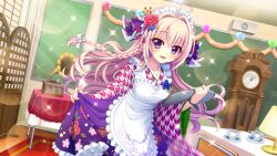Rule 34 | 1girl, ahoge, alternate costume, apron, belt buckle, blue eyes, blue flower, blue wristband, bow, braid, breasts, buckle, chalkboard, clock, cup, dot nose, dutch angle, enmaided, film grain, floral print, flower, frilled apron, frills, game cg, grandfather clock, hair bow, hair flower, hair intakes, hair ornament, holding, holding tray, indoors, izumi tsubasu, japanese clothes, kimono, lamp, lens flare, long braid, long hair, maid, maid headdress, medium breasts, mole, mole under each eye, mole under eye, multiple moles, non-web source, official art, open mouth, phonograph, pink hair, print kimono, purple bow, purple skirt, re:stage!, red flower, red rose, rose, rug, shiratori amaha (re:stage!), single braid, skirt, skirt hold, smile, solo, sparkle, speaker, table, tablecloth, tea, teacup, tinsel, tray, very long hair, wa maid, white apron, white bow, wooden floor