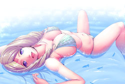 Rule 34 | 1girl, belly, bikini, blonde hair, blue eyes, breasts, cleavage, drill hair, emmeryn (fire emblem), facial mark, fire emblem, fire emblem awakening, fish, forehead mark, harihisa, large breasts, light smile, long hair, looking at viewer, lying, navel, nintendo, on back, open mouth, partially submerged, polka dot, polka dot bikini, polka dot swimsuit, solo, swimsuit, upside-down, water