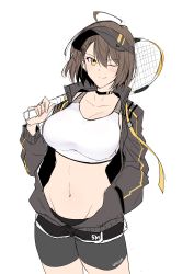 Rule 34 | 1girl, ahoge, azur lane, baltimore (azur lane), baltimore (black ace) (azur lane), biker clothes, bikesuit, blush, bodysuit, breasts, brown eyes, brown hair, choker, cleavage, commentary request, groin, halcon, hand in own hair, highres, jacket, large breasts, navel, one eye closed, racket, short hair, sketch, smile, solo, sports bra, tennis racket, visor cap, white background