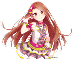 Rule 34 | 10s, 1girl, absurdres, bare shoulders, belt, blush, bow, brown eyes, brown hair, check my note, chiiririn, choker, hair bow, hand on own hip, heart, heart necklace, highres, idolmaster, idolmaster (classic), idolmaster one for all, jewelry, long hair, minase iori, necklace, sleeveless, smile, solo, very long hair, wrist cuffs