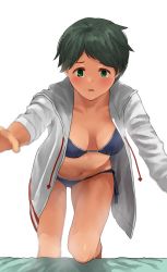 Rule 34 | 1girl, bed, bikini, black hair, blue bikini, blurry, breasts, commentary request, cowboy shot, depth of field, drawstring, green eyes, highres, hood, hooded jacket, hoodie, jacket, kantai collection, leaning forward, looking at viewer, medium breasts, mogami (kancolle), short hair, side-tie bikini bottom, simple background, solo, swept bangs, swimsuit, tearing up, tooku nomura (artist), white background, white jacket