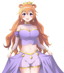 Rule 34 | 1girl, artist name, artist request, blush, bracelet, breasts, brown hair, butterfly (love live!), choker, cleavage, clothing cutout, collarbone, cropped shirt, crown, detached sleeves, double bun, dress, dress shirt, earrings, female focus, gold bracelet, hair between eyes, hair bun, hair rings, harem outfit, holding, holding clothes, holding dress, jewelry, konoe kanata, long hair, looking at viewer, love live!, love live! nijigasaki high school idol club, love live! school idol festival, medium breasts, navel, parted lips, puffy short sleeves, puffy sleeves, purple eyes, purple ribbon, purple shirt, purple shorts, ribbon, shirt, short sleeves, shorts, shoulder cutout, smile, solo, sparkle, two side up, white background, yellow bracelet, yellow choker