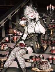 Rule 34 | 1girl, bat wings, blood, blood from mouth, cake, candle, food, hat, highres, jewelry, lace, lace-trimmed legwear, lace trim, looking at viewer, mege (megechan), original, red eyes, skullcap, solo, vampire, victorian, white hair, wings