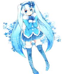 Rule 34 | 1girl, blue eyes, blue hair, boots, earmuffs, female focus, hatsune miku, kankitsurui, long hair, matching hair/eyes, mittens, skirt, snowflakes, solo, thigh boots, thighhighs, twintails, very long hair, vocaloid, yuki miku