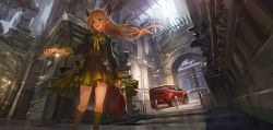 Rule 34 | 1girl, animal ears, arch, bag, black socks, brown hair, building, car, cat ears, city, dress, green eyes, highres, kneehighs, land rover, land rover evoque, lm7 (op-center), long hair, motor vehicle, open mouth, original, range rover, smile, socks, solo, sports utility vehicle, vehicle
