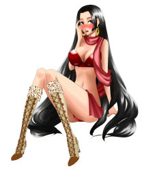 Rule 34 | 1girl, black hair, blush, boa hancock, boots, earrings, female focus, high heels, jewelry, long hair, one piece, scarf, shoes, side slit, simple background, sitting, skirt, solo, white background