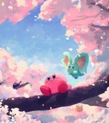 Rule 34 | absurdres, bandana waddle dee, branch, cherry blossoms, cloud, cloudy sky, creature, elfilin, floating, happy, highres, kirby, kirby&#039;s dream land, kirby (series), kirby and the forgotten land, looking to the side, nintendo, oomoto makiko, outdoors, petals, sitting, sky, smile, suyasuyabi, tree, ufo (kirby)