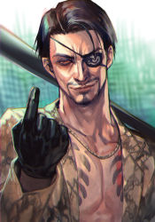 Rule 34 | 1boy, bare pectorals, baseball bat, black gloves, black hair, determined, evil smile, eyebrows, eyepatch, facial hair, gloves, goatee, gold necklace, holding, holding weapon, hungry clicker, index finger raised, irezumi, jacket, jewelry, looking at viewer, majima goro, male focus, manly, mature male, muscular, necklace, open clothes, open jacket, pectorals, print jacket, ryuu ga gotoku (series), sega, shaded face, short hair, smile, smirk, snake print, tattoo, upper body, weapon