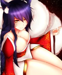 Rule 34 | 1girl, ahri (league of legends), animal ears, bare shoulders, black hair, breasts, cleavage, detached sleeves, facial mark, fox ears, fox tail, highres, korean clothes, large breasts, league of legends, lips, long hair, looking at viewer, multiple tails, sitting, slit pupils, solo, tail, whisker markings, yellow eyes