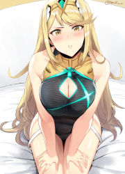 Rule 34 | 1girl, alternate costume, arm support, bare shoulders, bed sheet, black one-piece swimsuit, blonde hair, blush, breasts, cleavage, cleavage cutout, clothing cutout, collarbone, competition swimsuit, covered navel, female focus, gem, glowing, hands on own thighs, headpiece, hews, highres, impossible clothes, impossible swimsuit, large breasts, long hair, looking at viewer, mythra (xenoblade), nintendo, one-piece swimsuit, parted lips, sitting, solo, sweatdrop, swept bangs, swimsuit, thigh gap, twitter username, very long hair, xenoblade chronicles (series), xenoblade chronicles 2, yellow eyes