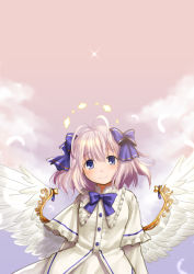 Rule 34 | 1girl, antenna hair, blue eyes, bow, commentary request, dress, emil chronicle online, feathered wings, flat chest, hair bow, halo, highres, kasuga yukihito, light purple hair, low wings, short hair, smile, solo, white dress, white wings, wings