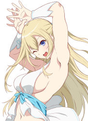 Rule 34 | 10s, 1girl, amagi brilliant park, armpits, arms up, bad id, bad pixiv id, blonde hair, blue eyes, breasts, derivative work, detached sleeves, highres, large breasts, long hair, looking at viewer, navel, open mouth, revealing clothes, sideboob, smile, solo, sylphy (amaburi), tomoka, two side up, upper body