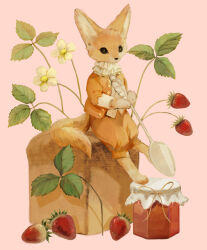 Rule 34 | absurdres, animal, animal focus, ascot, bread, buttons, clothed animal, commentary request, flower, food, fox, frilled ascot, frills, fruit, highres, holding, holding spoon, jacket, jam, jar, layered sleeves, leaf, long sleeves, no humans, on food, open clothes, open jacket, orange jacket, orange pants, original, oversized food, oversized object, pants, pink background, puffy pants, shirt, simple background, sitting, solo, spoon, strawberry, tono (rt0no), white ascot, white flower, white shirt