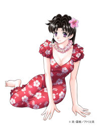 Rule 34 | 1girl, arm support, barefoot, black hair, breasts, cleavage, dress, earrings, floral print, full body, futari ecchi, hair ornament, jewelry, katsu aki, large breasts, long hair, looking at viewer, onoda yura, purple eyes, simple background, sitting, smile, solo, white background