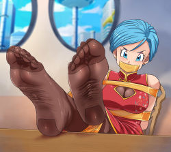 Rule 34 | 1girl, absurdres, arms behind back, bdsm, blue eyes, blue hair, blush, bondage, bound, bound ankles, bound arms, breast bondage, breasts, bulma, chinese clothes, cleavage, dragon ball, dragon ball super, earrings, feet, foot focus, gag, gagged, highres, improvised gag, jewelry, lipstick, lost one zero, makeup, matching hair/eyes, medium breasts, pantyhose, tape, tape bondage, tape gag