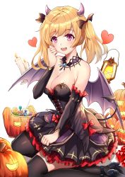 Rule 34 | 1girl, :d, absurdres, bare shoulders, black dress, black footwear, black thighhighs, blonde hair, blush, breasts, candle, candy, candy wrapper, cleavage, demon horns, demon tail, demon wings, detached sleeves, dress, food, frilled dress, frills, gem, hair ribbon, halloween costume, hand up, heart, high heels, highres, horns, irato at, jack-o&#039;-lantern, king&#039;s raid, lamp, layered dress, lollipop, long hair, looking at viewer, may (king&#039;s raid), medium breasts, open mouth, pink eyes, red gemstone, ribbon, simple background, smile, solo, strapless, strapless dress, swirl lollipop, tail, thighhighs, transparent background, twintails, white background, wings