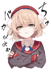 Rule 34 | 1girl, beret, blonde hair, blue ribbon, blunt bangs, brat (brabrabrat00), collared shirt, commentary request, cropped torso, crossed arms, disgust, green eyes, grey jacket, hair ornament, half-closed eyes, hat, highres, indie virtual youtuber, jacket, long sleeves, looking at viewer, neck ribbon, pinstripe jacket, pinstripe pattern, pom pom (clothes), pom pom hair ornament, red hat, red sailor collar, ribbon, sailor collar, shaded face, shigure ui (vtuber), shigure ui (vtuber) (1st costume), shirt, short hair, simple background, solo, striped clothes, striped jacket, swept bangs, translation request, vertical-striped clothes, vertical-striped jacket, virtual youtuber, white background, white shirt