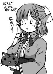 Rule 34 | 1girl, asahi (kancolle), braid, cat, character request, coat, commentary request, dated, dress shirt, hair ribbon, hakama, highres, holding, japanese clothes, kantai collection, monochrome, neck ribbon, ribbon, shirt, short hair, single braid, solo, translation request, twitter username, upper body, voice actor connection, yo-suke
