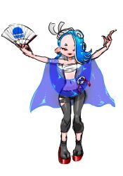 Rule 34 | 1girl, :d, asymmetrical hair, bare shoulders, black leggings, black socks, blue hair, cephalopod eyes, chest sarashi, earrings, fangs, folding fan, full body, gluteal fold, groin, hand fan, highres, holding, holding fan, horizontal pupils, jewelry, koharu2.5, leggings, long hair, multiple earrings, navel, nintendo, octoling, okobo, open mouth, outstretched arms, pink eyes, poncho, red footwear, red pupils, sandals, sarashi, shiver (splatoon), short eyebrows, simple background, smile, socks, solo, splatoon (series), splatoon 3, spread arms, standing, suction cups, tabi, tentacle hair, white background