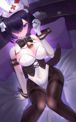 Rule 34 | 1girl, alternate costume, animal ears, azur lane, bell, black bow, bow, breasts, brown pantyhose, cleavage, cross-laced clothes, detached collar, elbow gloves, fake animal ears, feet out of frame, gloves, hair over one eye, hat, highleg, highleg leotard, highres, indoors, jervis (azur lane), large breasts, leotard, looking at viewer, nontraditional playboy bunny, nurse cap, pantyhose, pillow, playboy bunny, purple eyes, purple hair, rabbit ears, short hair, sitting, solo, tako-san wiener (takosanuma), thighband pantyhose, underbust, white gloves, white leotard, wrist cuffs