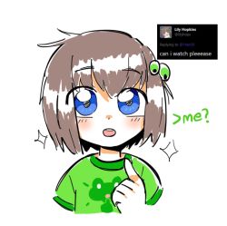 Rule 34 | 1girl, 1her0, blouse, blue eyes, blush, brown hair, child, comments, english text, frog, green hair ornament, green shirt, indie virtual youtuber, lily hopkins, messy hair, open mouth, pointing, pointing at self, pointing up, shirt, sketch, teeth, twitter, twitter username, upper body, upper teeth only