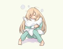 Rule 34 | 1girl, blonde hair, blouse, blush, commentary, closed eyes, green pajamas, green pants, green shirt, kantai collection, long hair, hugging object, open mouth, pajamas, pants, pillow, pillow hug, saiguchi otoufu, shirt, simple background, sitting, solo, victorious (kancolle), waking up, white background