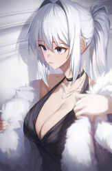 Rule 34 | 1girl, absurdres, bare shoulders, black choker, black dress, blue eyes, blurry, blurry foreground, breasts, choker, cleavage, cleavage cutout, clothing cutout, coat, collarbone, depressed, depth of field, dress, fur-trimmed coat, fur trim, hair intakes, highres, holding, holding clothes, holding coat, huhi (huhi 1211), indoors, jewelry, large breasts, light frown, long hair, looking away, multicolored eyes, necklace, original, ponytail, shadow, sidelocks, solo, standing, upper body, virtual youtuber, wall, white background, white hair