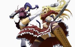 Rule 34 | 2girls, absurdres, blonde hair, blue hair, boots, breasts, cleavage, freezing (series), fundoshi, gauntlets, highres, japanese clothes, kicking, knee boots, large breasts, legs, long hair, long legs, multiple girls, open mouth, panties, pantyshot, ponytail, purple eyes, rana linchen, satellizer el bridget, thighhighs, thighs, torn clothes, underwear, upskirt, very long hair, weapon, white panties