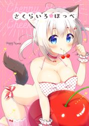 Rule 34 | 1girl, :q, ahoge, all fours, animal ear fluff, animal ears, aoi yun, arched back, bare shoulders, bikini, blue eyes, blush, bow, breasts, cherry blossoms, cherry hair ornament, choker, cleavage, closed mouth, collarbone, covered navel, dog ears, dog girl, dog tail, food-themed hair ornament, food in mouth, hair between eyes, hair ornament, hand up, heart, large breasts, mouth hold, original, pink thighhighs, polka dot, polka dot bikini, polka dot scrunchie, red bow, red choker, scrunchie, sidelocks, silver hair, smile, solo, striped bow, striped clothes, striped thighhighs, swimsuit, tail, tail raised, thighhighs, tongue, tongue out, translation request, transparent, twintails, vertical-striped clothes, vertical-striped thighhighs, white bikini, white scrunchie, wrist scrunchie