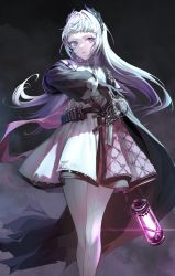 Rule 34 | 1girl, absurdres, arknights, belt, black background, black cape, black gloves, black jacket, cape, capelet, feet out of frame, front-seamed legwear, gloves, gradient hair, grey eyes, grey hair, gun, hand on sheath, head wings, high-waist skirt, highres, irene (arknights), jacket, lantern, layered skirt, lens flare, long sleeves, looking at viewer, multicolored hair, pantyhose, parted lips, puffy long sleeves, puffy sleeves, purple hair, purple skirt, rapier, scar, scar across eye, scar on face, seamed legwear, sheath, sheathed, simple background, skirt, smoke, solo, standing, sword, umie (iowae), v-shaped eyebrows, weapon, white capelet, white pantyhose, white skirt, wings